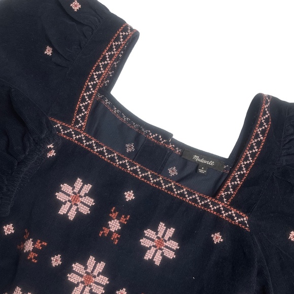 Madewell Tops - Madewell Small Corduroy Navy Peasant Top Cross Stitch Embroidered 100% Cotton